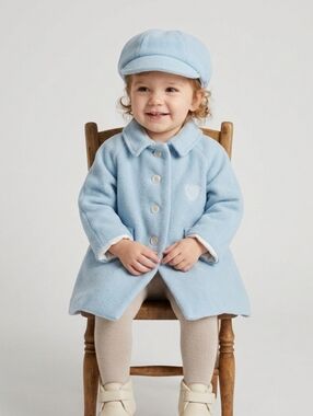 VINTAGE 1960s Toddler Boy Girl Blue Wool Blend Coat & Hat Set ILGWU Union